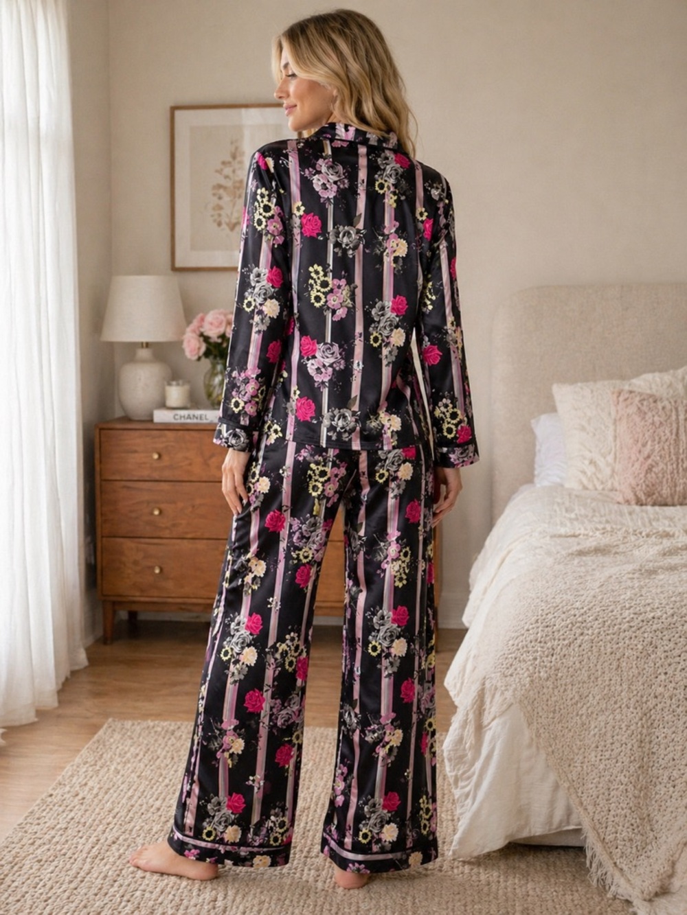 Victoria’s Secret Satin Floral Pajama Set Matching Lounge Set Black | Size S - Picture 4 of 17